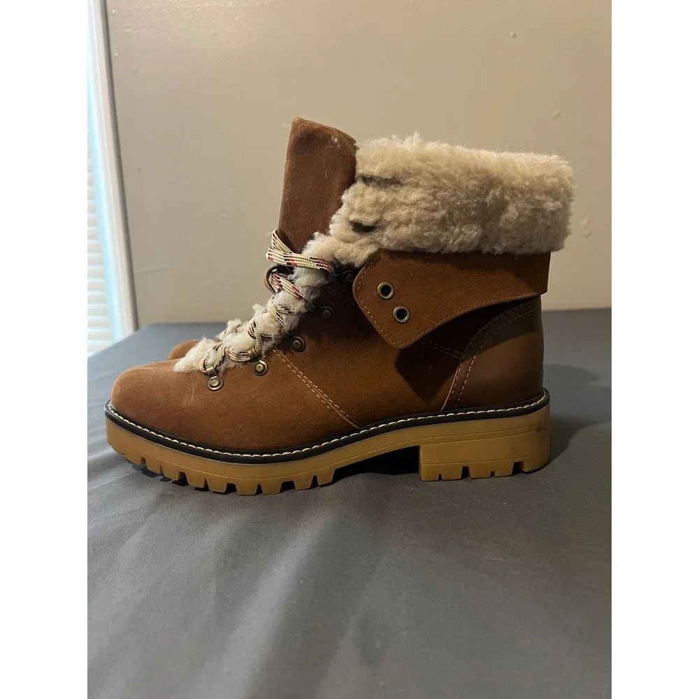 Time & Tru Womens Cognac Faux Shearling Hiking Boots‎ Brown Lug Sole Size 11W